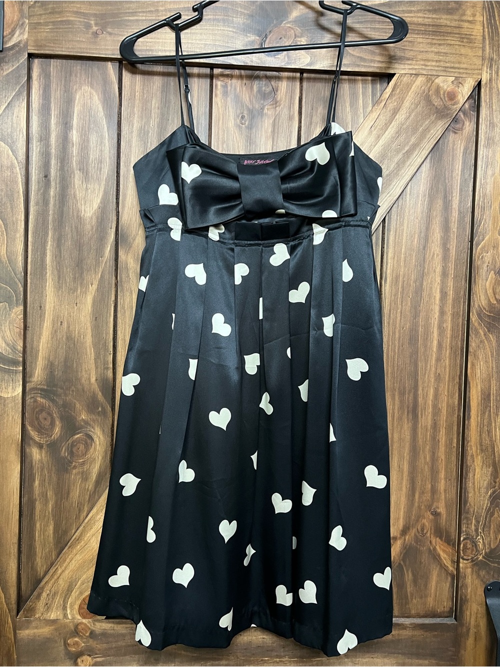 Vintage Betsey Johnson Black White Heart Silk Bow Mini Dress Size 6 Y2K